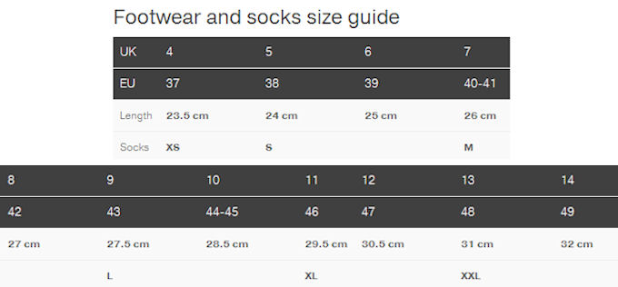 Palm footwera and sock size chart